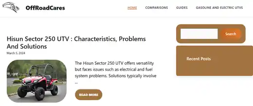 OffRoadCares homepage with a UTV guide article