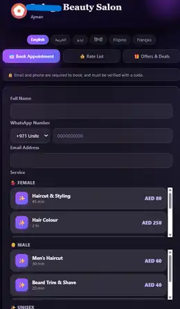 Salon booking app: language switcher, booking form and service list